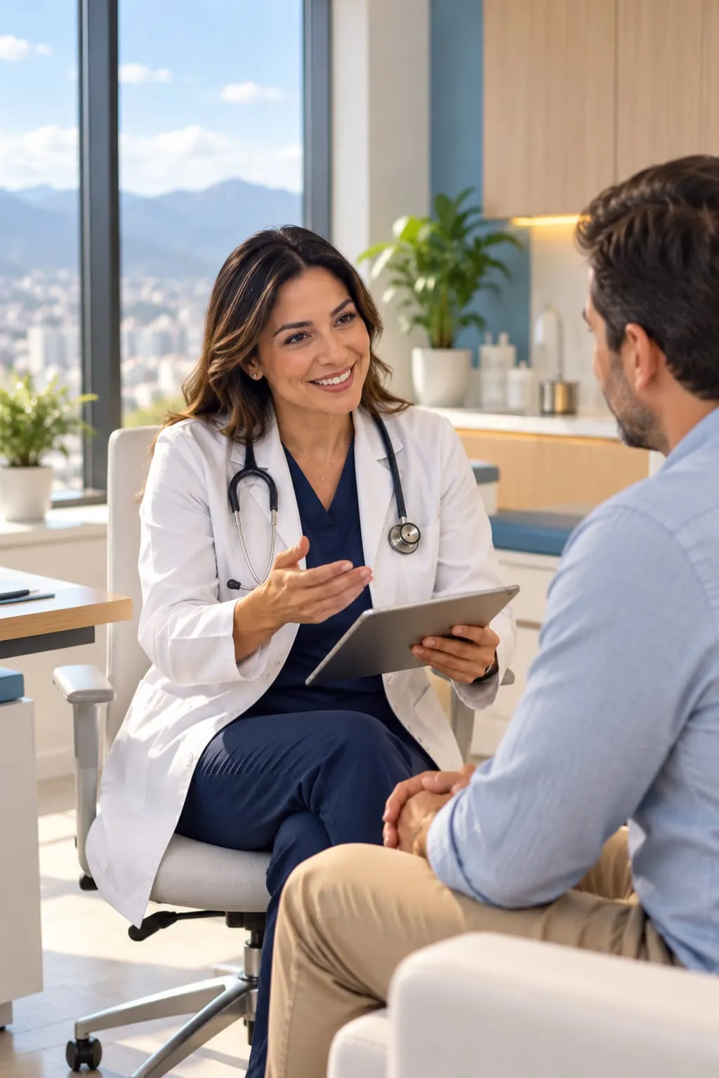 Médica conversando con un paciente en un consultorio moderno (imagen ilustrativa)