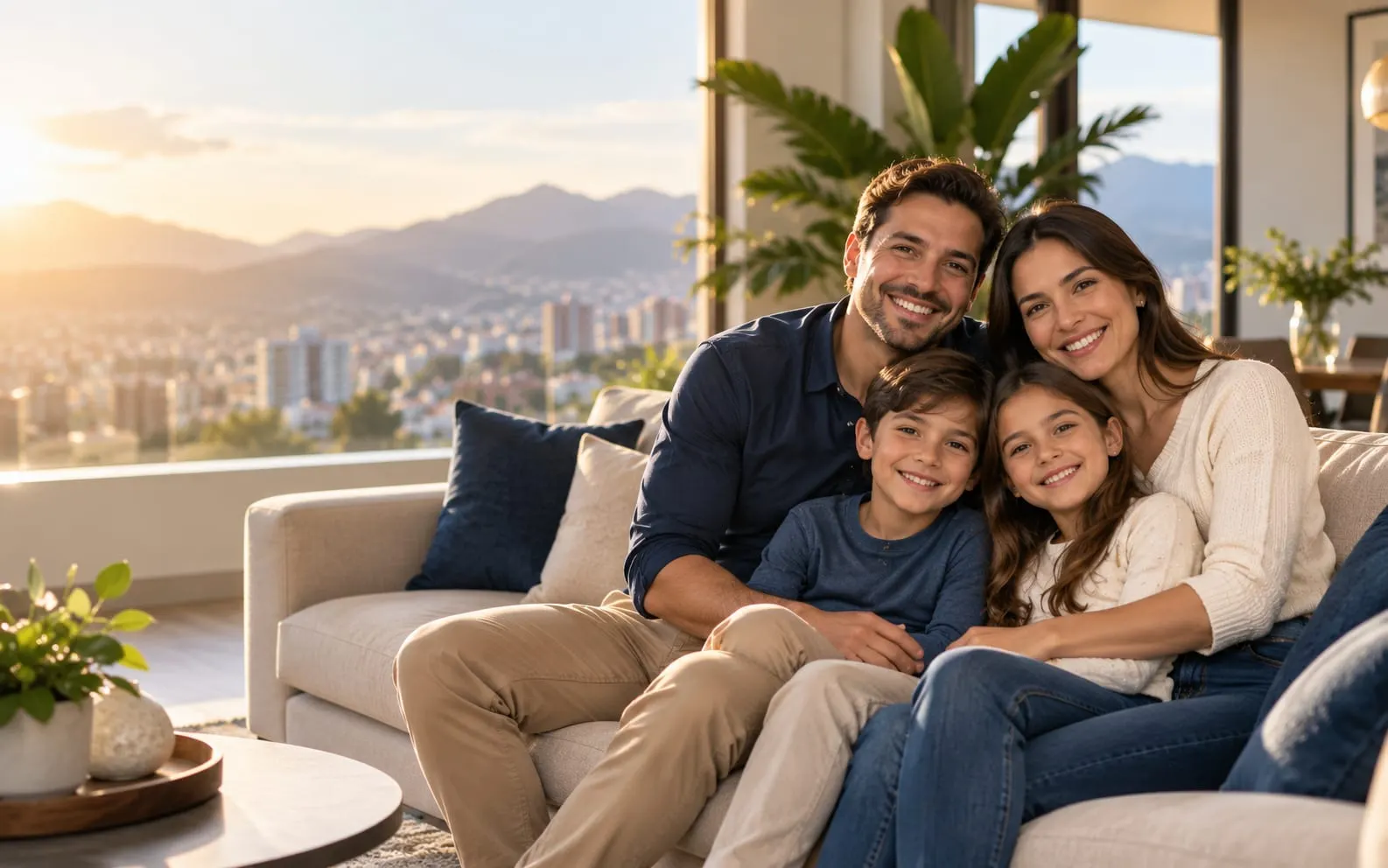 Familia sonriendo junta en la sala de su casa, con las montañas al fondo (imagen ilustrativa)